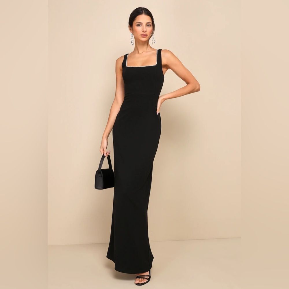 Lulus Timeless Poise Black Rhinestone Square Neck Backless Maxi Dress